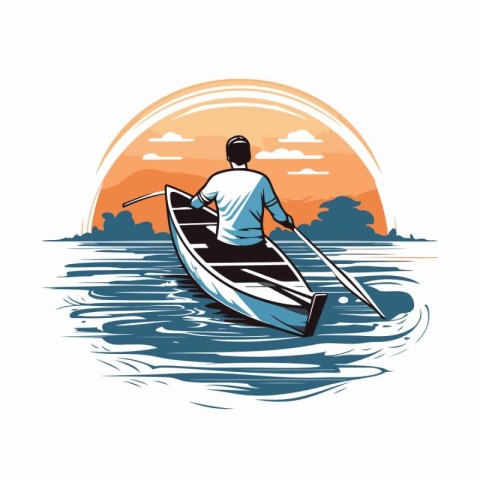 Fisherman on a boat at sunset. Vector illustration of a man in a