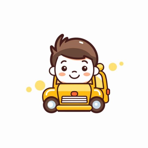 Cute boy riding a yellow toy car. Vector character illustration.