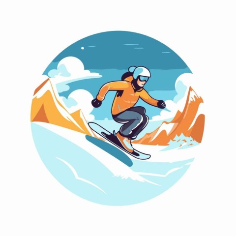 Snowboarder jumping in mountains. Vector illustration in cartoon