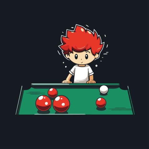 Boy playing snooker. Vector cartoon illustration. Isolated on bl