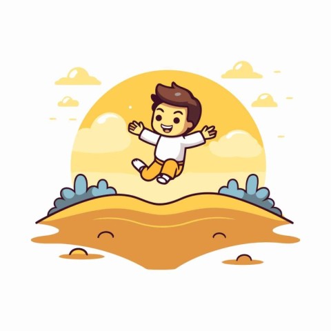 Happy boy jumping on the beach. Vector illustration in cartoon s