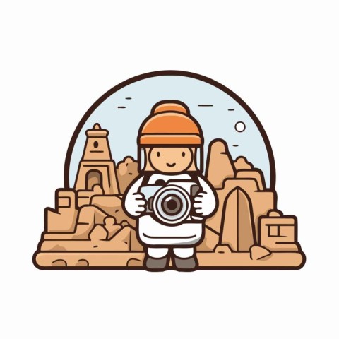 Cute little boy with a camera in hand. Vector illustration.