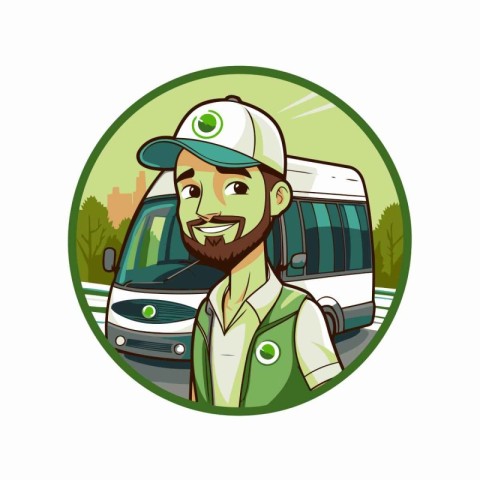 Vector illustration of a bus driver in front of the bus on a roa