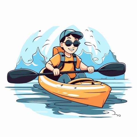 Man in a kayak on the water. Cartoon vector illustration.