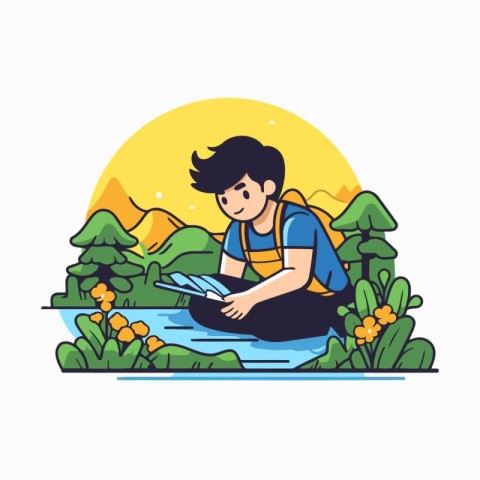 Boy reading a book on the river. Vector illustration in flat sty