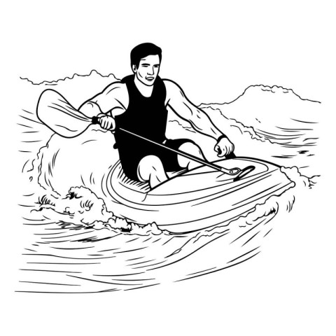 illustration of a man kayaking in the sea on a white background