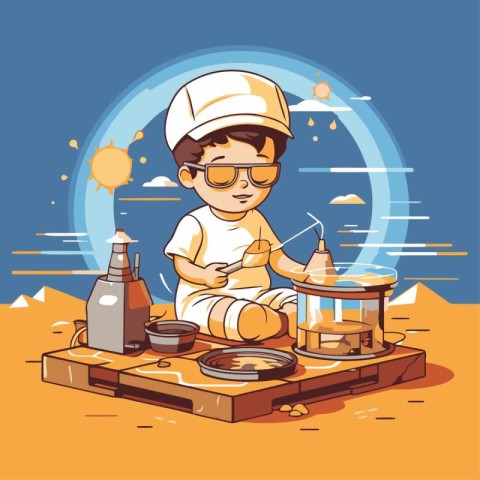 Cute cartoon boy cooking in the kitchen. Vector illustration of