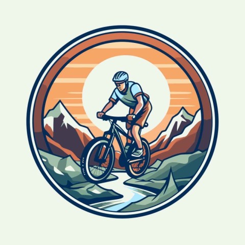 Mountain biker riding on the road in the mountains. Vector illus