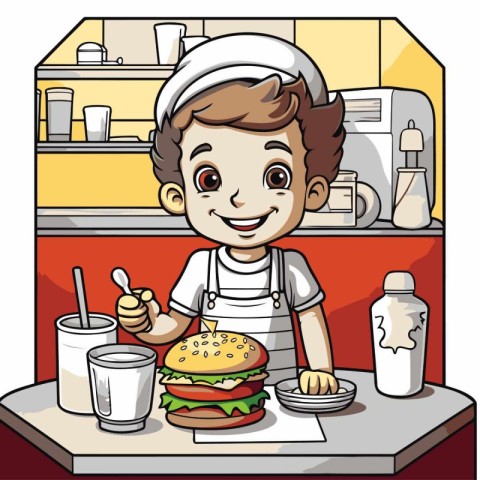 Illustration of a Kid Boy Eating a Burger in a Fast Food Restaur