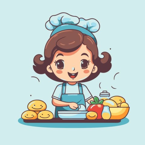 Cute little chef girl cooking in the kitchen. Vector illustratio