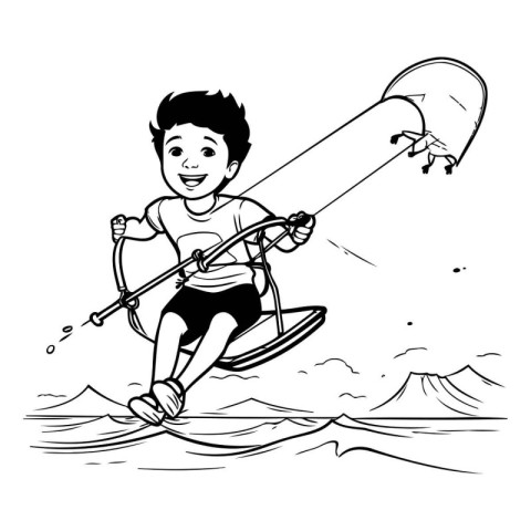 Kitesurfing boy cartoon black and white vector illustration grap