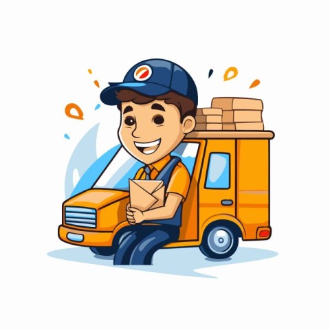 Delivery man with box and truck. Delivery service. Vector illust