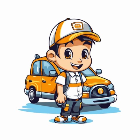 Cute little boy and a taxi on a white background. Vector illustr