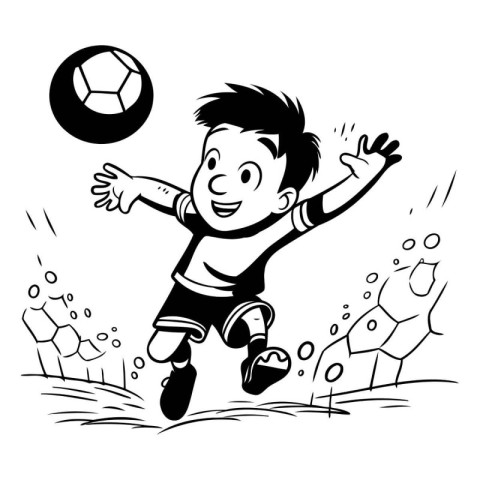 Soccer player kicking the ball. Black and white vector illustrat