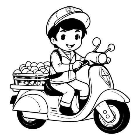 cute boy riding a motorbike and carrying a basket of fruit