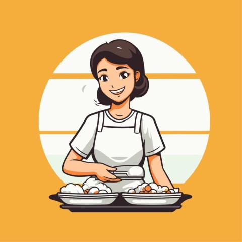 Vector illustration of a girl in a white apron cooking food.