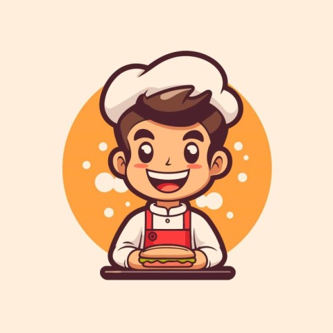 Chef boy holding a hamburger. Vector illustration in cartoon sty