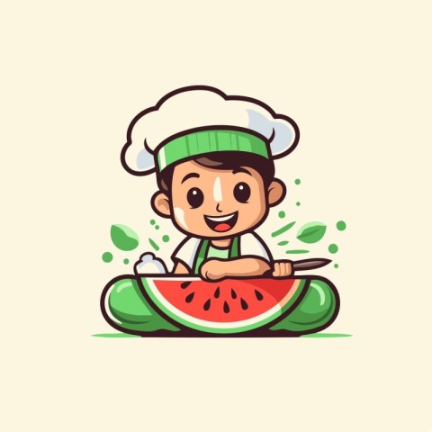 Cute little boy chef with watermelon. Vector cartoon illustratio