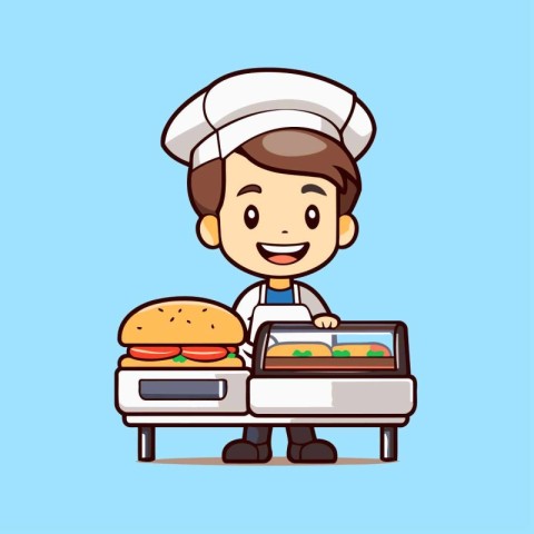 Chef boy holding hamburger and hot dog cartoon vector illustrati