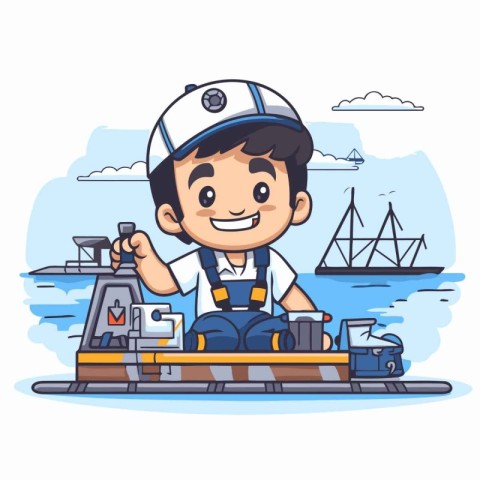 Cute little boy in sailor uniform with ship in sea cartoon vecto