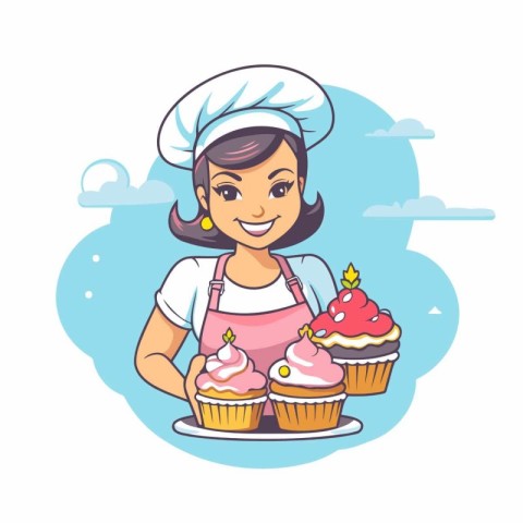 Cute girl chef with cupcake. Vector illustration in cartoon styl