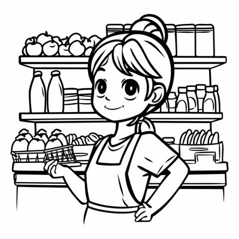 Cute little girl in a supermarket. black and white vector illust