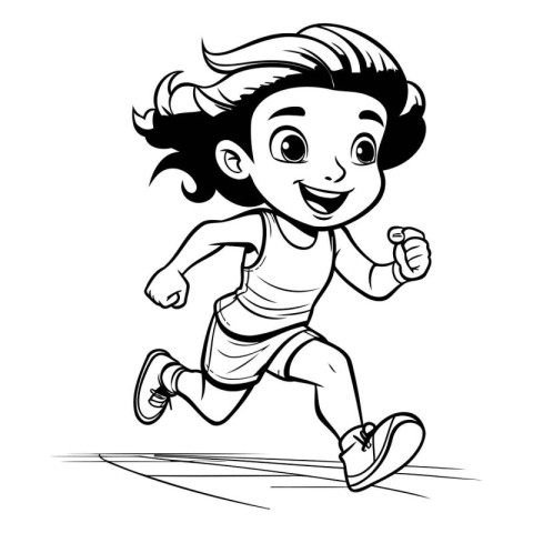 Cute little girl running - black and white vector cartoon illust