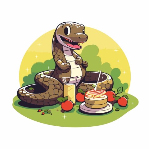 Cute snake with a glass of juice. cake and apples. Vector illust