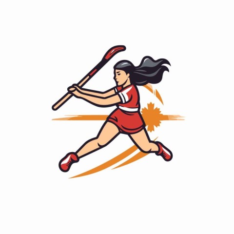 Female hockey player in red jersey and helmet with stick. Vector