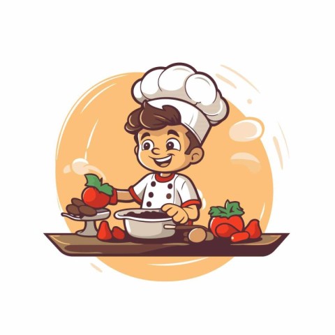 Chef boy cooking a meal. Vector illustration in cartoon style.