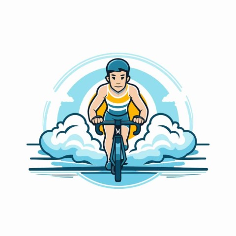 Cyclist riding a bicycle in the clouds. Vector illustration.