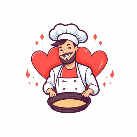 Chef cooking with frying pan and heart. Vector illustration in c