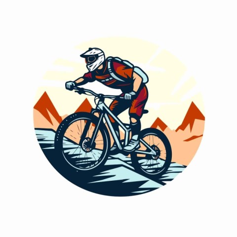 Mountain biker riding on the road in the mountains. Vector illus