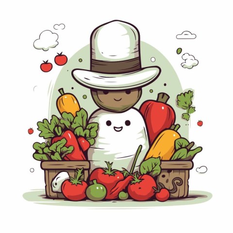 Cartoon vector illustration of a man in a hat and with vegetable