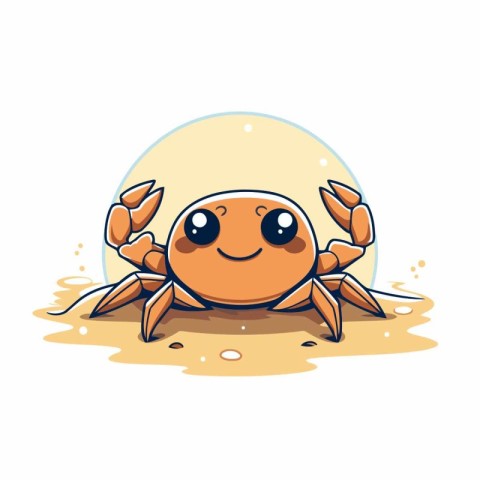 Cute cartoon crab on the sand. Vector illustration isolated on w