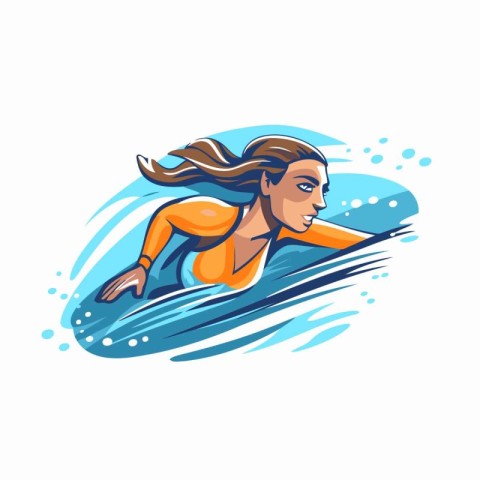 Surfer girl in swimsuit on surfboard. Vector illustration.