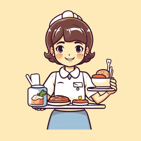 Young waitress holding tray with food. Vector illustration in ca