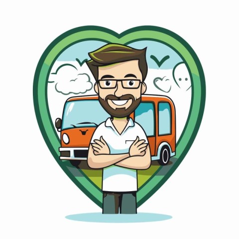 Cartoon man with a beard and glasses standing in front of a car