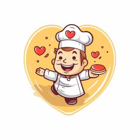 Cute cartoon chef with cookie in heart shape. Vector illustratio