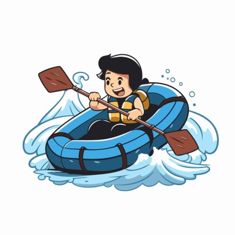 Illustration of a Man Rafting in a Blue Rafting Boat