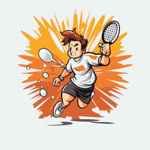 Tennis player with racket and ball. Vector illustration in carto