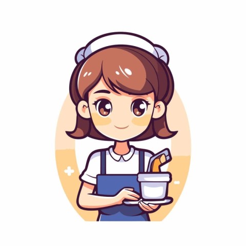 Cute little girl chef in uniform holding cup of coffee. Vector i