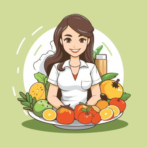 Woman nutritionist holding plate with fruits and vegetables. vec