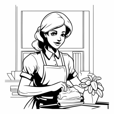 Housewife in the kitchen. Black and white vector illustration of