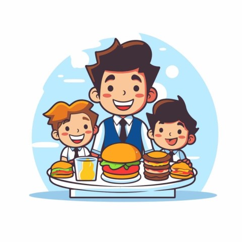 Happy family eating fast food. Cheerful father and kids eating h