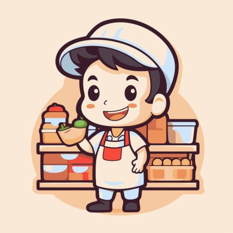 Cute boy in apron and hat holding fruits and vegetables cartoon