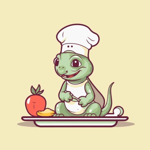 Cute cartoon crocodile chef with a plate of food. Vector illustr