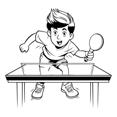 Boy playing table tennis cartoon black and white vector illustra