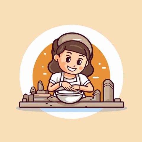 Cartoon girl cooking noodle in a bowl. Vector illustration.