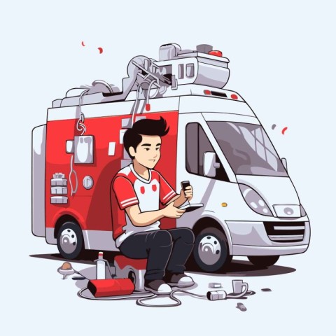 Cartoon fireman on the background of ambulance. Vector illustrat